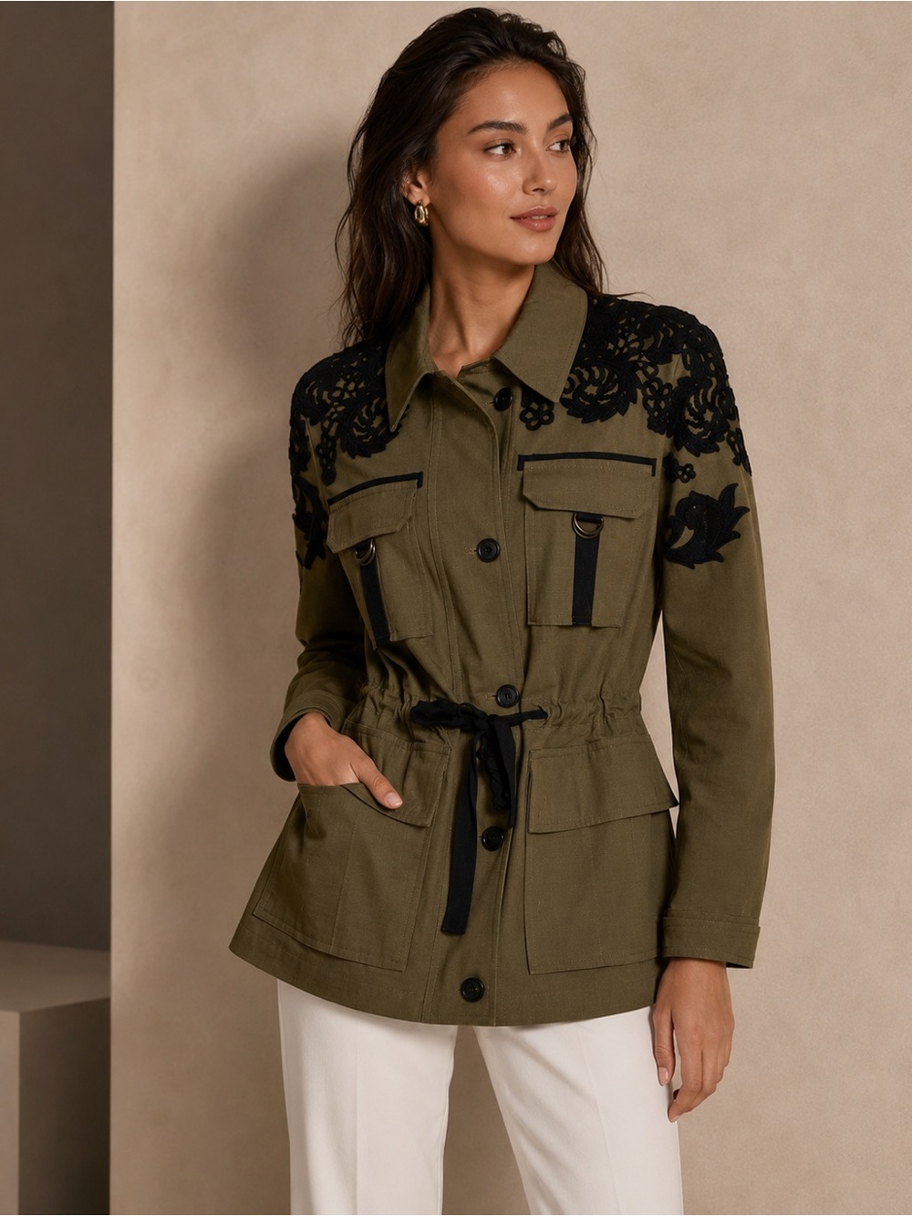 Veronica Beard Utility Jacket Olive Black Lace Print Drawstring Military Size S